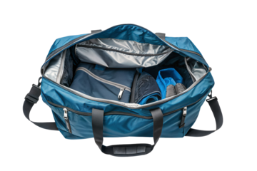 Overhead view of an open blue duffel bag filled with folded clothing and zippered compartments inside it on transparent background
