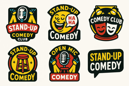 Comedy club logos with fun faces and bright typography
