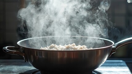Steam rising from a cooking pan filled with food.