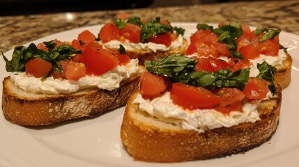 Toasted bread topped with tomatoes and basil.