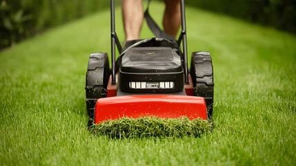 Close-Up of Electric Lawnmower Cutting Lush Green Grass in Garden