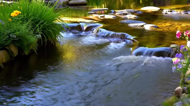 Scenic babbling brook flowing over rocks with lush greenery and colorful wildflowers on the banks in the summer sunlight