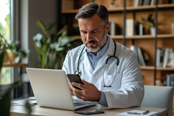 Middle aged male doctor in white uniform using cellphone and consulting patients online while sitting at desk with laptop in clinic office