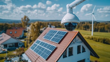 Solar panels and security camera on a modern house in a scenic rural environment