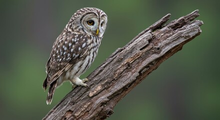 Owl perched on weathered log