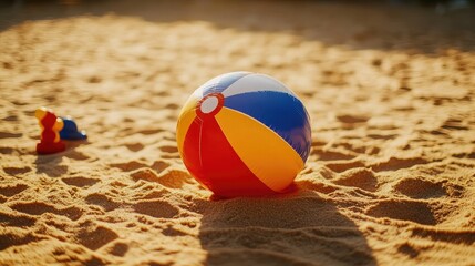 Obraz premium Inflatable beach ball with nearby sand toys on golden sand, perfectly lit for a bright and playful stock photo