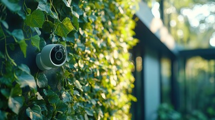 Security camera installation surrounded by lush green ivy in a modern outdoor setting