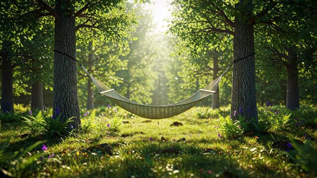 A serene hammock suspended between trees, bathed in soft sunlight.
