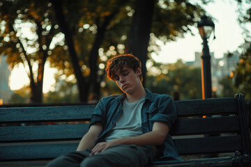 young man resting on park bench during sunset, surrounded by trees and warm evening light. peaceful urban moment, relaxation outdoors. lifestyle or relaxation, caucasian male sleeping outdoors.