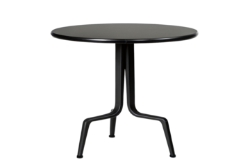 A sleek black round table with a minimalist design standing against a solid black background space around it on transparent background