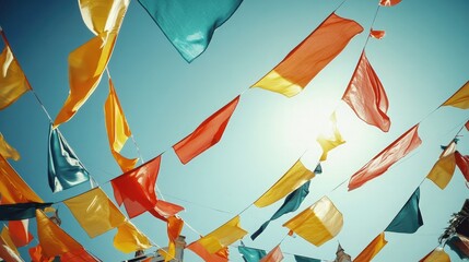 Rows of colorful festival flags blowing in the summer breeze on a wide open event ground