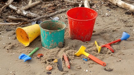 Side angle view of colorful toy pail and tools surrounded by beach debris and fine textured sand