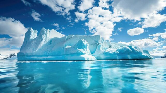 A large ice block is floating in the ocean. The sky is clear and blue, and the water is calm
