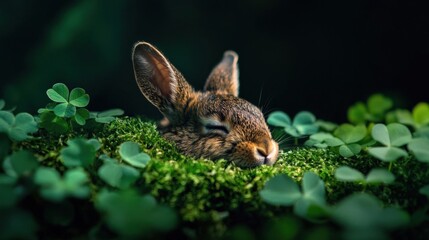Obraz premium Close-up of a rabbit's face resting on a bed of green moss. the rabbit is facing towards the right side of the image, with its eyes closed and its head resting on the moss.