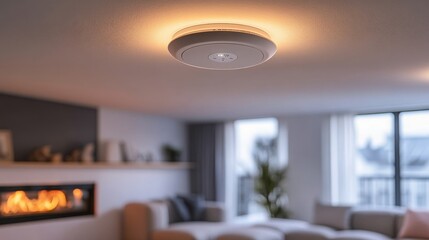 Smoke detector installed in a modern living room with a cozy fireplace and natural lighting