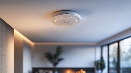 Modern smart device mounted on the ceiling in a stylish living room during daylight hours