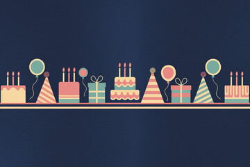 Birthday banner with cakes, gifts, balloons, and party hats on a dark blue background, showcasing a festive and celebratory design, ideal for invitations or announcements