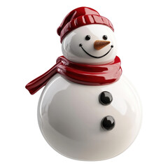 A smiling snowman figurine with a red hat, red scarf, carrot nose, and shiny black buttons.