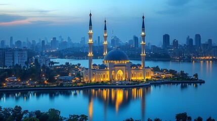 Illuminated mosque on waterfront at dusk showcasing architecture and city skyline