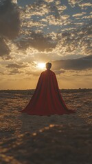 Silhouette person wearing red cape at sunset hope adventure freedom concept