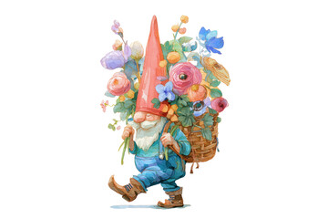 A set of artistic watercolor gnome fathers with baskets filled with spring blossoms isolated on a transparent background
