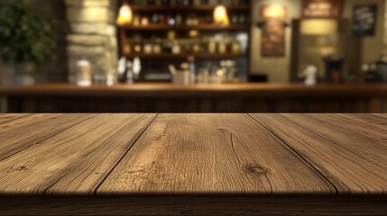 A blank wooden table with a blurry restaurant behind it. Good for showing off products or adding text.
