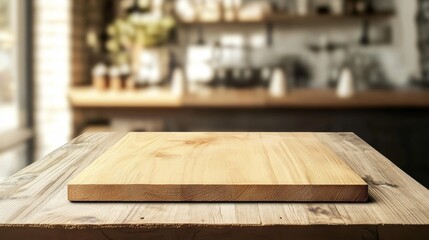 Fototapeta premium A blank wooden tabletop with a blurry restaurant behind it. Good for showing off products or adding text. 