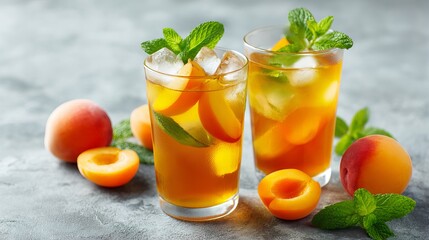 Refreshing peach tea with apricots and mint Light table background Summer detox concept