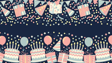 Obraz premium Birthday party illustration with cakes, balloons, gifts, confetti, party hats arranged in festive border design, showcasing celebratory, joyful concept, perfect for invitations/decorations