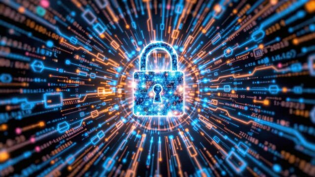 Digital Data Encryption Concept with Bright Lock Symbol Surrounded by Glowing Lines and Patterns in Vibrant Colors
