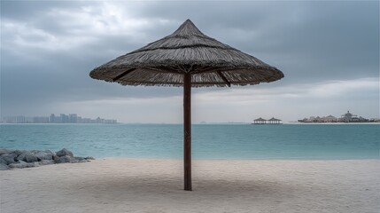 Straw umbrella isolated on quiet beach in Doha under cloudy sky Travel and relaxation background