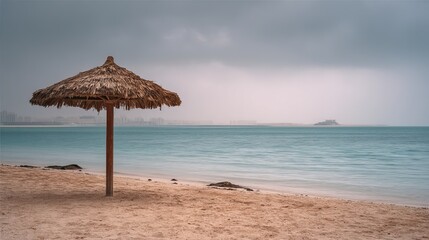 Straw umbrella isolated on quiet beach in Doha under cloudy sky Travel and relaxation background