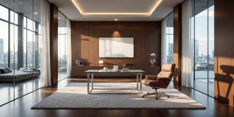 High-end corporate office with a glass desk, leather chair, and elegant wood accents. Task lighting highlights the desk area, while