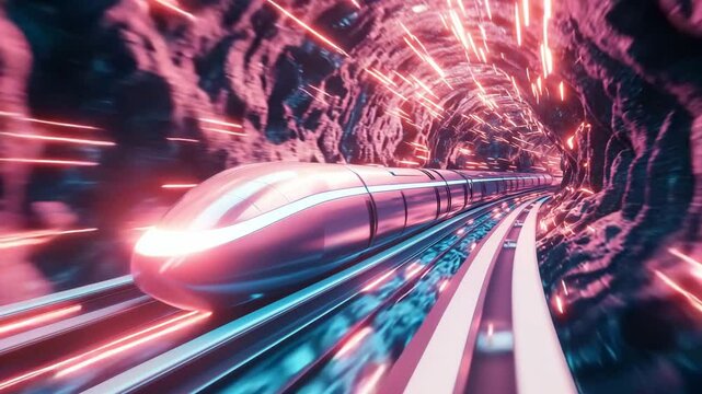 A hyperloop train speeding through a futuristic, eco-friendly landscape with glowing tracks and aerodynamic
