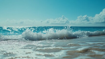 Obraz premium Sand, sea, and summer vibes. Ocean waves splashing on a blue beach. Relaxing tropical scene with turquoise water. 