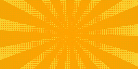 Retro orange sun rays on yellow halftone pattern background. Dotted or noise texture. Bright pixel art comic and pop-up design. Vector wall for poster, banner, advertising.