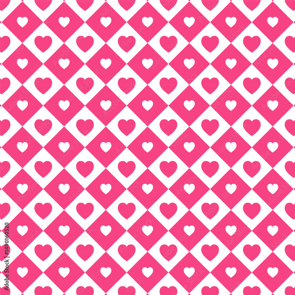 Wall mural seamless pattern with hearts in squares in pink and white.cute geometric repeat pattern.vector graph