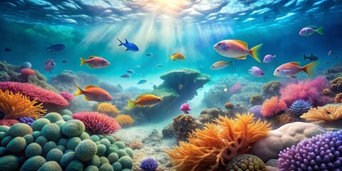 Obraz premium Vibrant Underwater Scene Featuring Colorful Coral Reef and Diverse Fish Species Swimming in Sunlit Ocean Depths