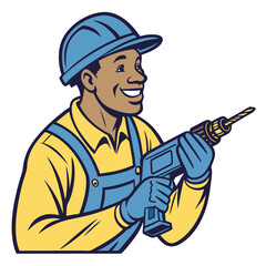 A cartoon construction worker in a hat drills while another in uniform hammers, both vector illustrations of people in their job