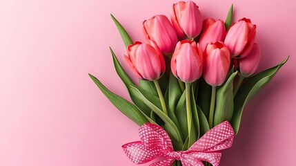 Fototapeta premium Pink tulips bouquet, pink background, gift