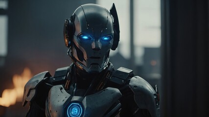 Fototapeta premium Futuristic android with glowing eyes standing in a somber industrial setting