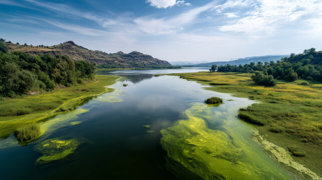 Contaminated water and reservoirs in forests, pollution of surface waters as a result of human activity with chemicals. Industrial chemical pollution. Environmental pollution. Ecological disaster
