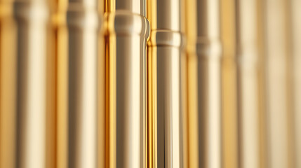Close-up shot showcasing a row of metallic cylindrical shapes with a subtle depth of field, creating a captivating visual effect. Gold and silver tones.
