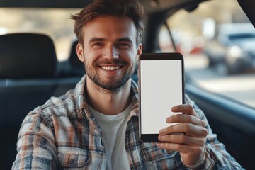 Happy man showing big blank smartphone to camera while sitting in car, collage