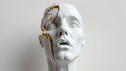 Broken sculpture of head with gold cracks