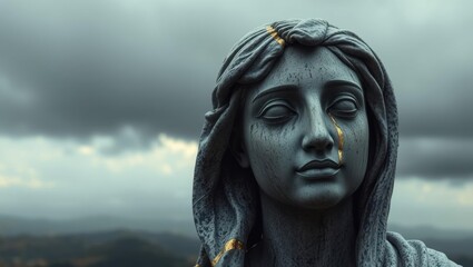 Serene ancient statue with closed eyes and golden accents under cloudy sky