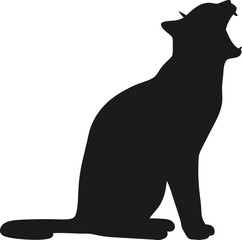 A cute black cat silhouette, a vector illustration of a pet mammal, sits isolated with its tail outlined on a white background