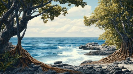Tropical ocean view framed by trees, waves crashing on rocks
