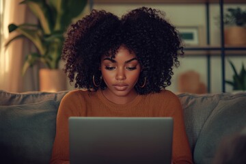Concentrated curly black lady typing on laptop computer, sitting on sofa in living room interior. Work, freelance and study remotely at home