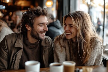 Spouses drinking coffee in cafe, enjoying talk and laughing, sitting in front of one another, free space
